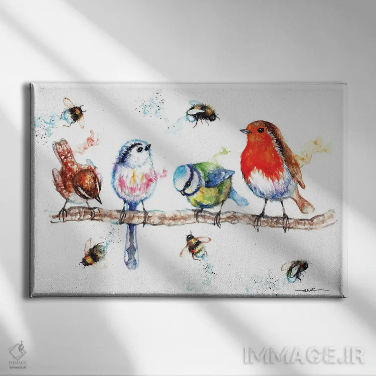 تابلو پرندهها و زنبورها (اشاره به طبیعت یا آموزش جنسی) اثر بیبزآرتس - نمای روبهرو روی دیوار