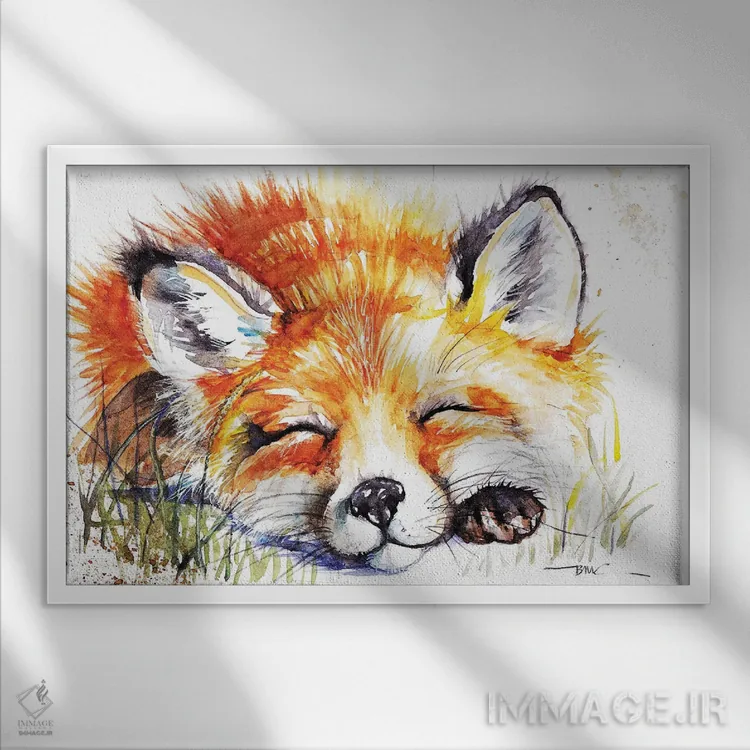 تابلو روباه خوابیده اثر بیبزآرتس - نمای قابدار سفید