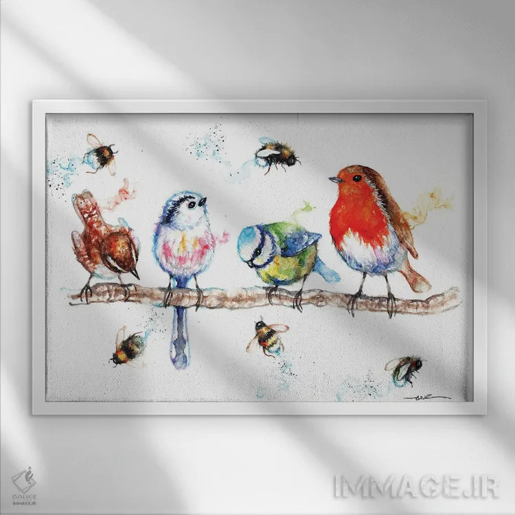 تابلو پرندهها و زنبورها (اشاره به طبیعت یا آموزش جنسی) اثر بیبزآرتس - نمای قابدار سفید