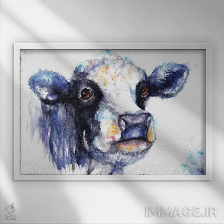 تابلو گاو سیاه و سفید اثر بیبزآرتس - نمای قابدار سفید