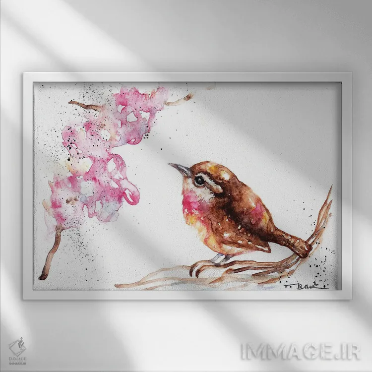 تابلو پرنده و شکوفه (ورن) اثر بیبزآرتس - نمای قابدار سفید