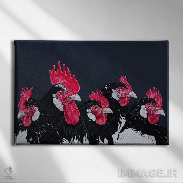 تابلو خروس و چهار مرغ اثر کلارا باستین - نمای روبهرو روی دیوار