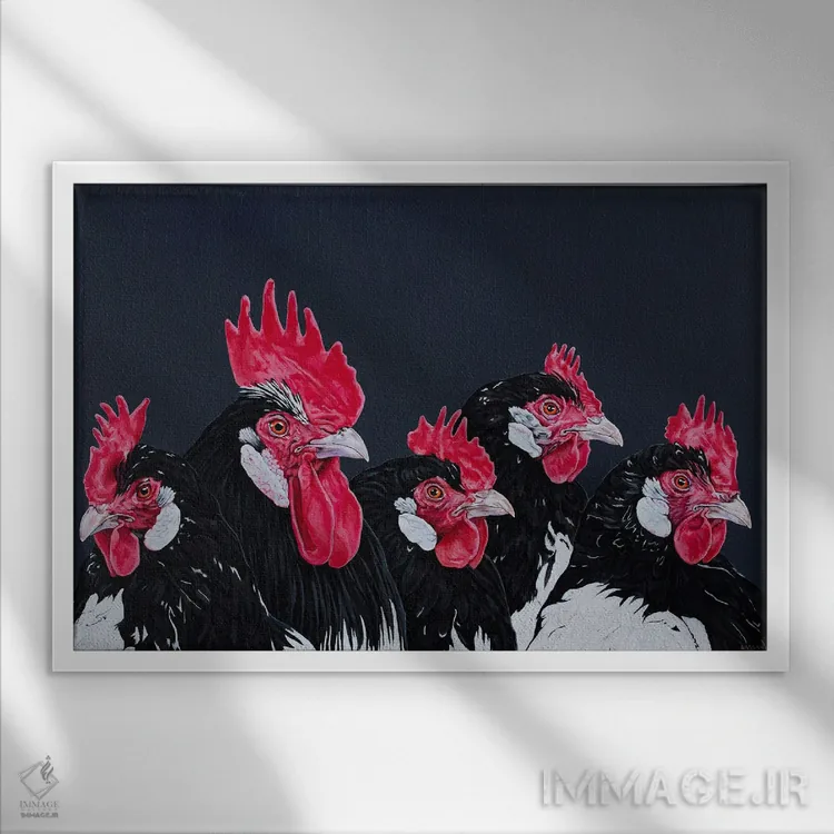 تابلو خروس و چهار مرغ اثر کلارا باستین - نمای قابدار سفید