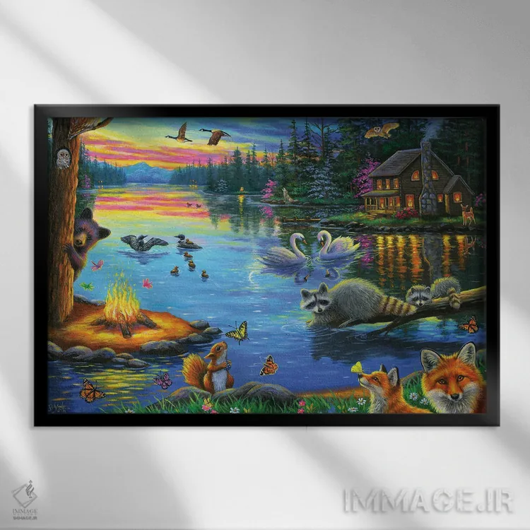 تابلو غروب کنار دریاچه اثر بریجت واث - نمای قابدار مشکی