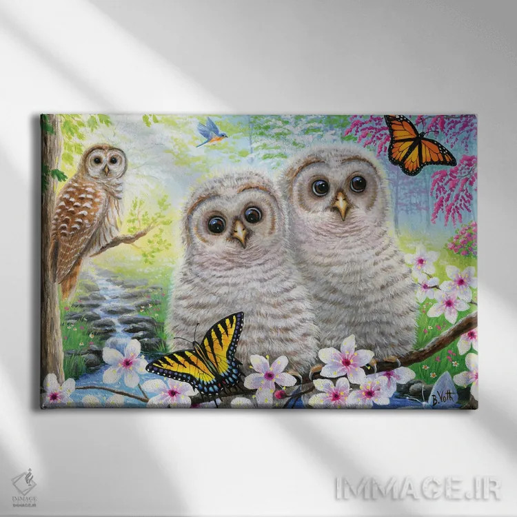 تابلو جغدهای کوچک بهاری اثر بریجت واث - نمای روبهرو روی دیوار