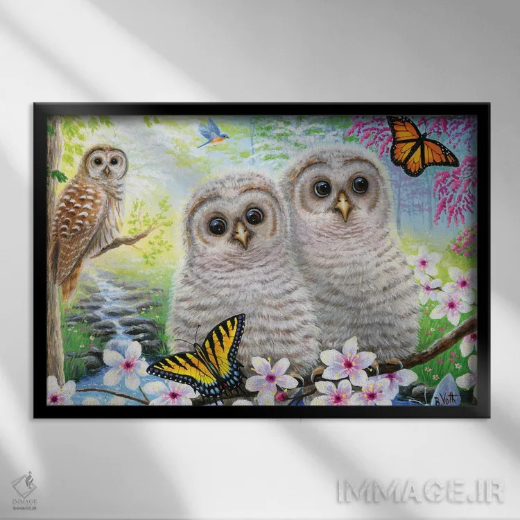 تابلو جغدهای کوچک بهاری اثر بریجت واث - نمای قابدار مشکی