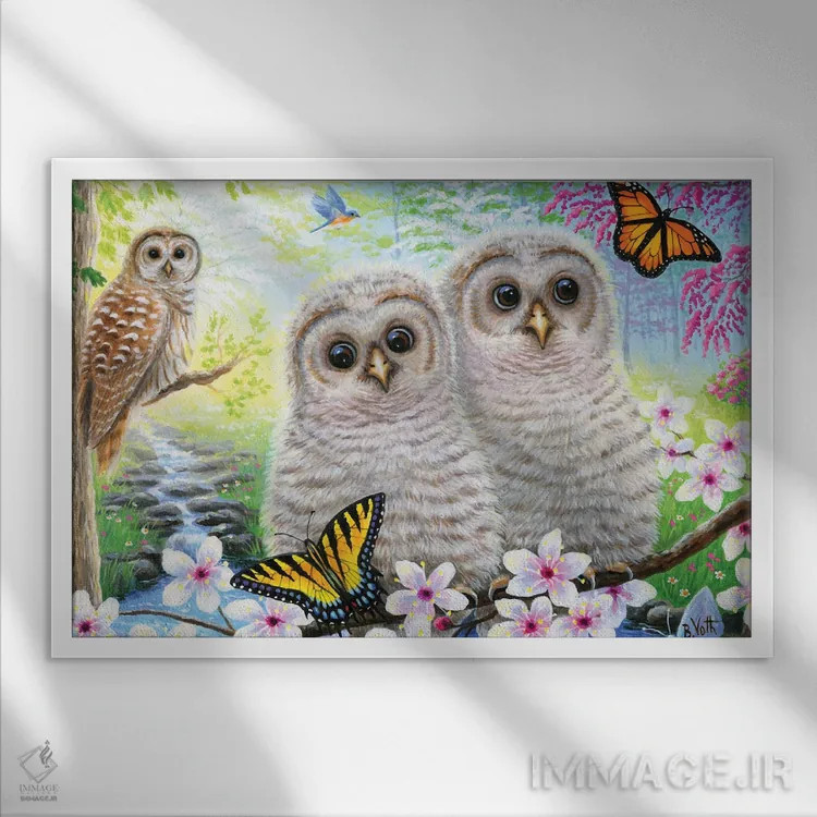 تابلو جغدهای کوچک بهاری اثر بریجت واث - نمای قابدار سفید