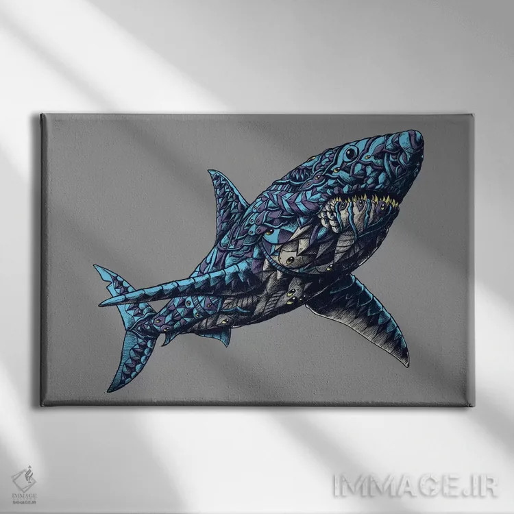 تابلو کوسه سفید بزرگ رنگی شماره ۱ اثر بیوورکز - نمای روبهرو روی دیوار