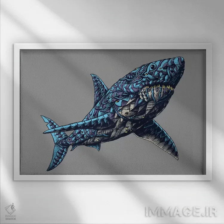 تابلو کوسه سفید بزرگ رنگی شماره ۱ اثر بیوورکز - نمای قابدار سفید