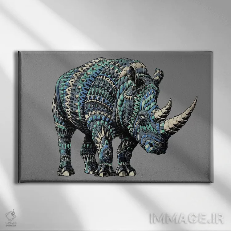 تابلو کرگدن رنگی شماره ۴ اثر بیوورکز - نمای روبهرو روی دیوار