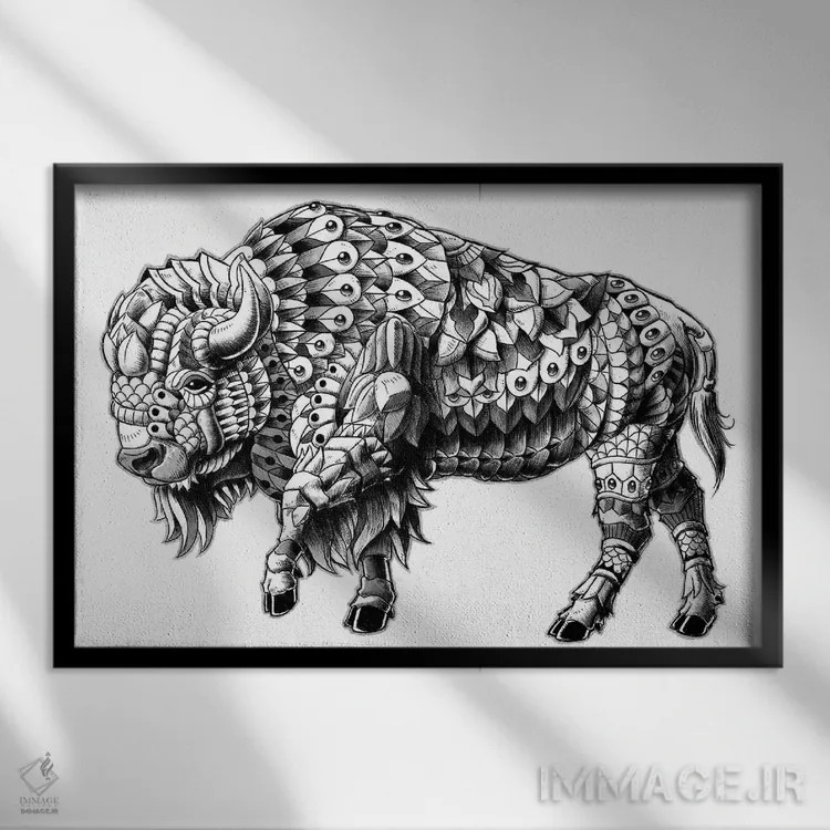تابلو گاومیش تزیینی اثر بیوورکز - نمای قابدار مشکی