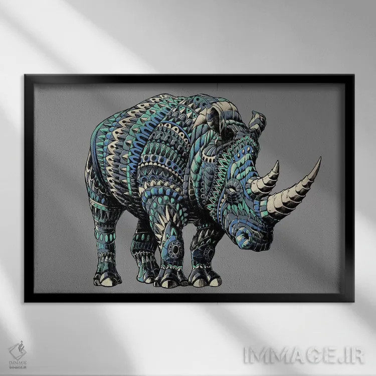 تابلو کرگدن رنگی شماره ۴ اثر بیوورکز - نمای قابدار مشکی