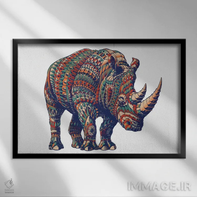 تابلو کرگدن رنگی شماره ۳ اثر بیوورکز - نمای قابدار مشکی