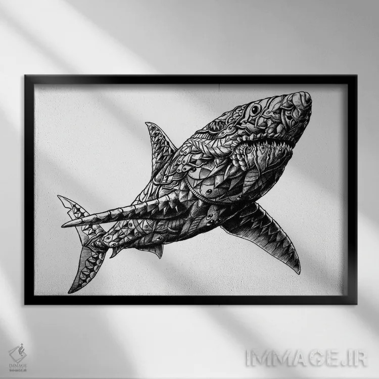 تابلو کوسه سفید بزرگ اثر بیوورکز - نمای قابدار مشکی