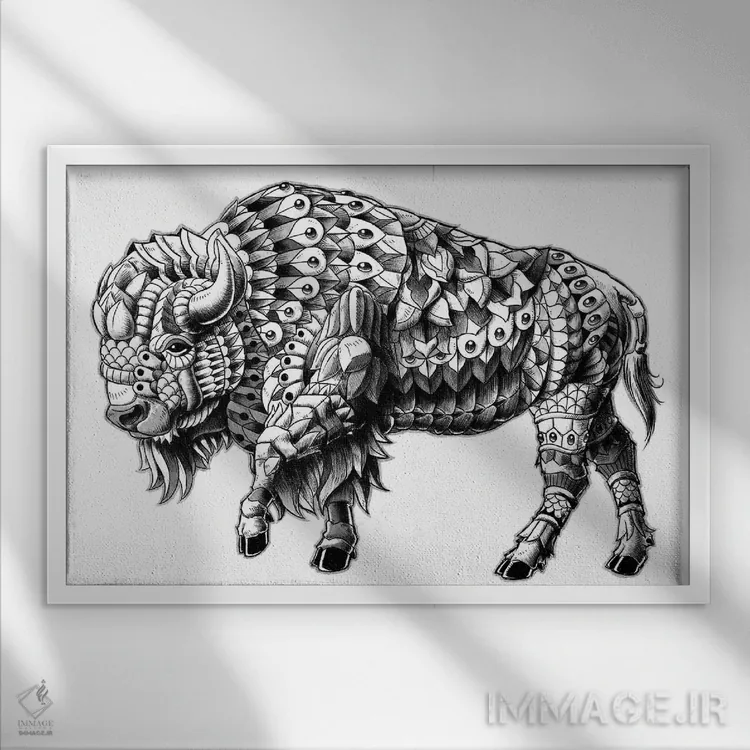 تابلو گاومیش تزیینی اثر بیوورکز - نمای قابدار سفید