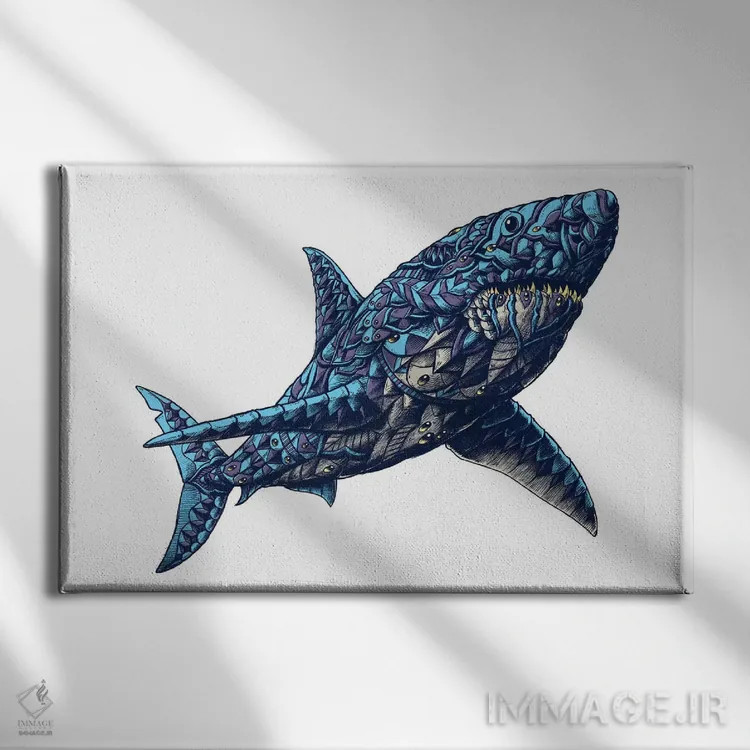 تابلو کوسه سفید بزرگ رنگی شماره ۲ اثر بیوورکز - نمای روبهرو روی دیوار