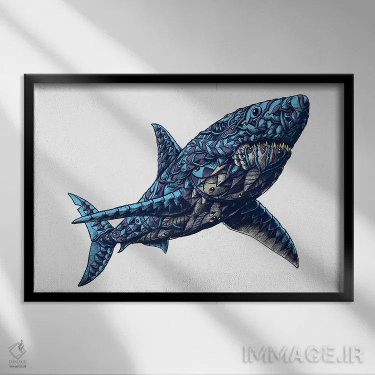 تابلو کوسه سفید بزرگ رنگی شماره ۲ اثر بیوورکز - نمای قابدار مشکی