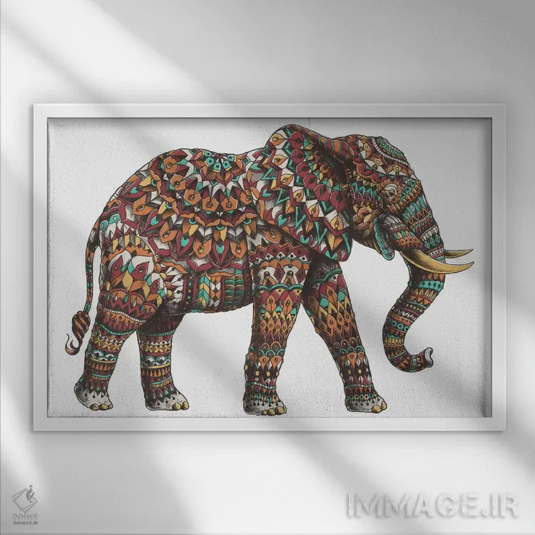 تابلو فیل تزیینی شماره ۲ رنگی شماره ۱ اثر بیوورکز - نمای قابدار سفید