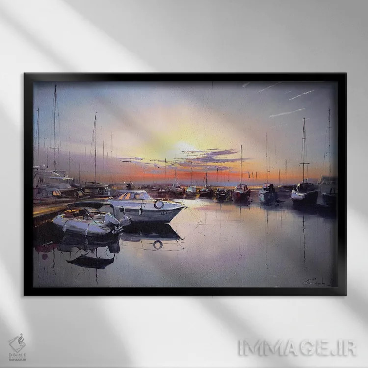 تابلو خیالبافی آرام قایقهای خفته اثر بُژنا فوخس - نمای قابدار مشکی