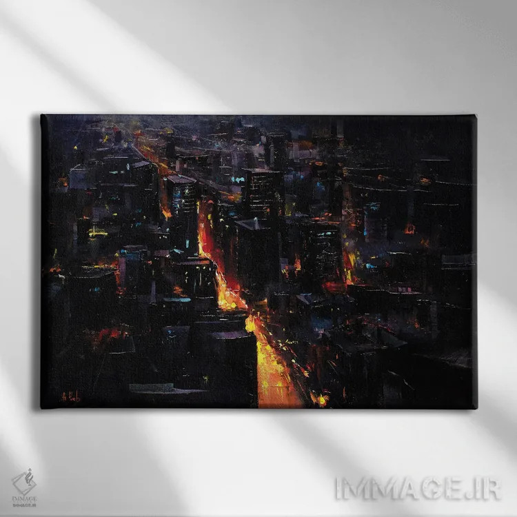 تابلو منظرهٔ شبانه از شهر اثر بُژنا فوخس - نمای روبهرو روی دیوار