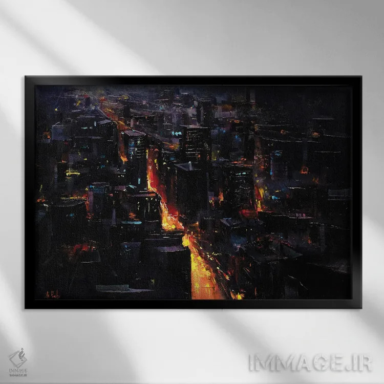 تابلو منظرهٔ شبانه از شهر اثر بُژنا فوخس - نمای قابدار مشکی