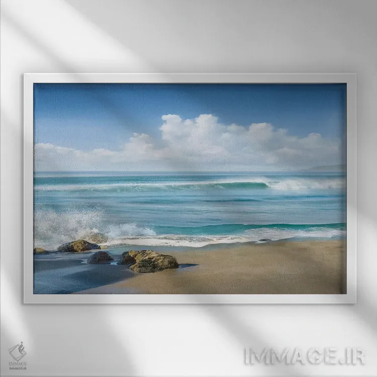 تابلو آبی جاروکشیده (آبستره) اثر مایک کالاسیبتا - نمای قابدار سفید