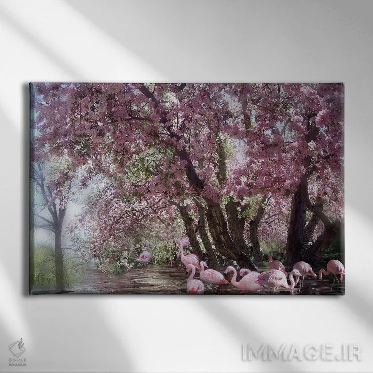 تابلو تالاب فلامینگوها اثر کارول کاوالاریس - نمای روبهرو روی دیوار