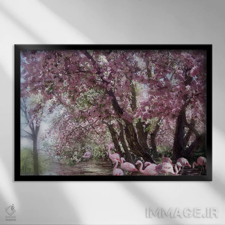 تابلو تالاب فلامینگوها اثر کارول کاوالاریس - نمای قابدار مشکی