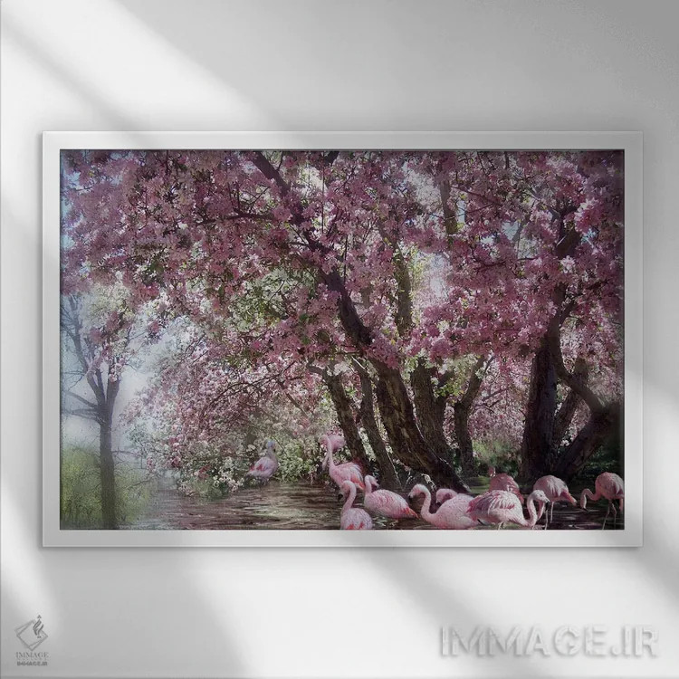 تابلو تالاب فلامینگوها اثر کارول کاوالاریس - نمای قابدار سفید