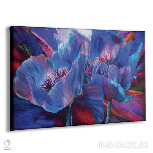 تابلو خشخاشهای آبی بر زمینهٔ قرمز اثر کارول کاوالاریس - نمای پرسپکتیو محصول