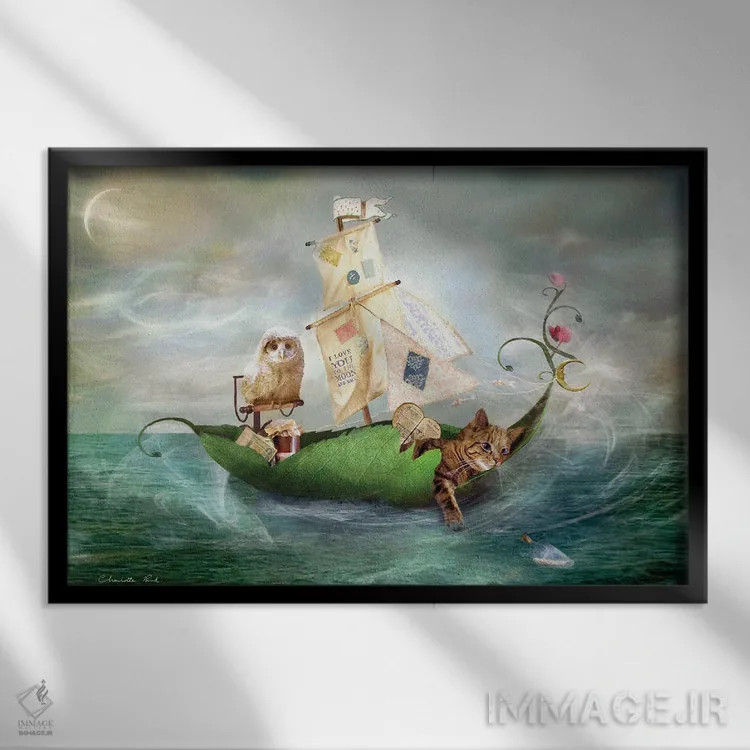 تابلو جغد و گربهٔ ملوس (قصهٔ کودکانه) اثر شارلوت بیرد - نمای قابدار مشکی