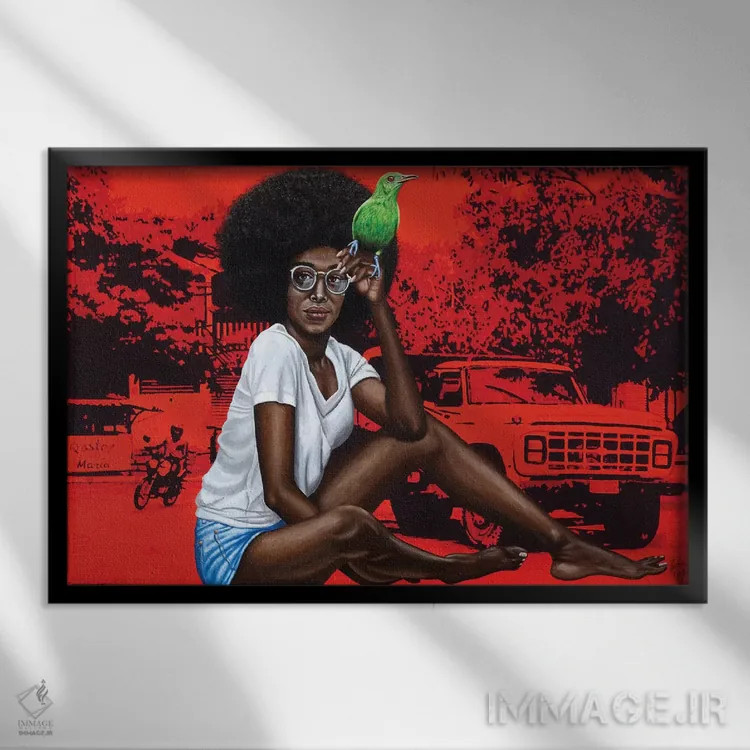 تابلو رانندهٔ کامیون زن (پرتغالی) اثر کریستین بییر - نمای قابدار مشکی