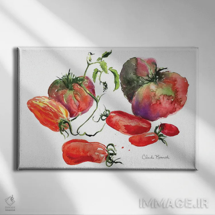 تابلو طبیعت بیجان گوجهفرنگی اثر کلودیا بیانکی - نمای روبهرو روی دیوار