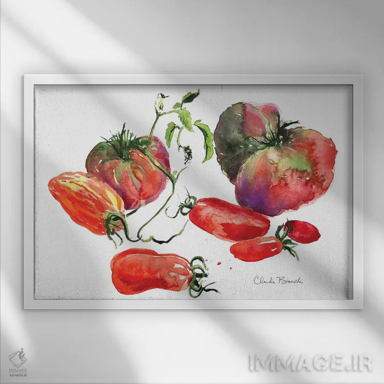 تابلو طبیعت بیجان گوجهفرنگی اثر کلودیا بیانکی - نمای قابدار سفید