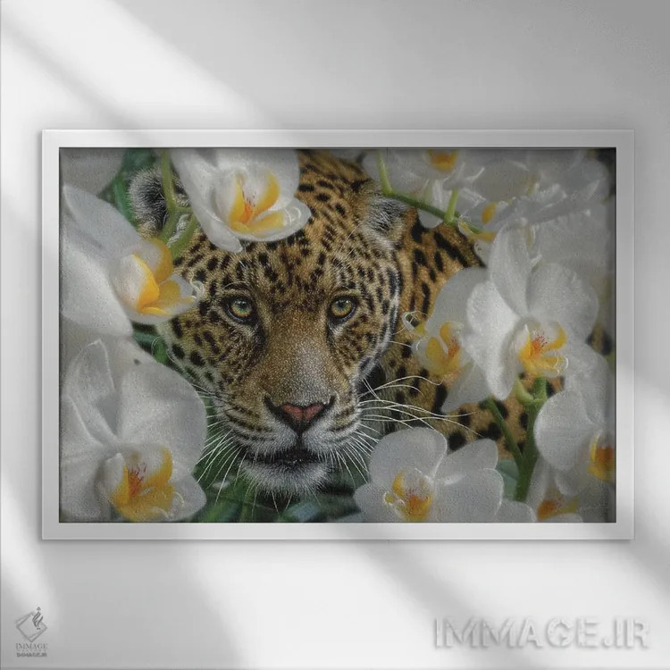 تابلو جگوار در بهشت ارکیدهها اثر کالین بوگل - نمای قابدار سفید