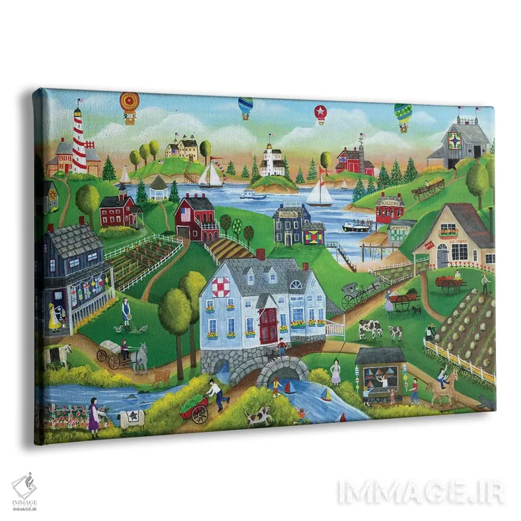 تابلو دهکده کنار دریا با بالونهای هوای داغ اثر شریل بارتلی - نمای پرسپکتیو محصول