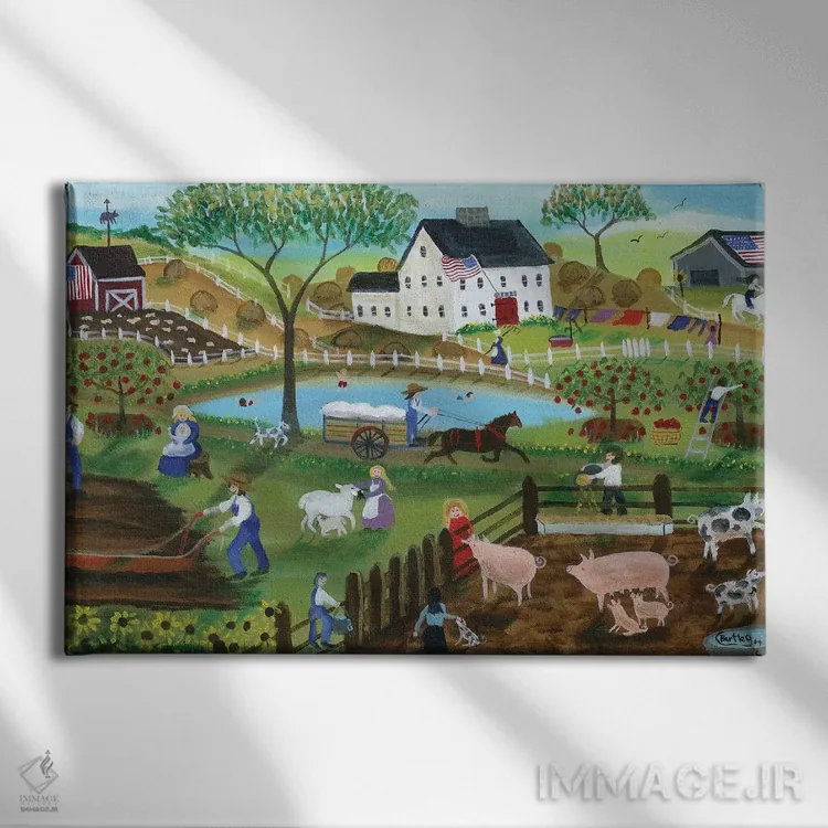 تابلو حیاط مزرعه روستایی آمریکا قدیم اثر شریل بارتلی - نمای روبهرو روی دیوار