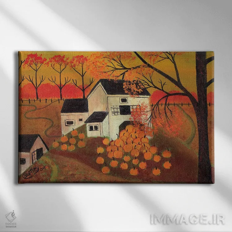 تابلو انبار کدو، هنر مردمی پاییزی (شریل بارتلی) اثر شریل بارتلی - نمای روبهرو روی دیوار