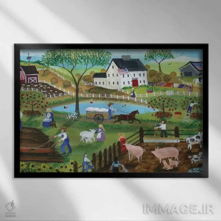 تابلو حیاط مزرعه روستایی آمریکا قدیم اثر شریل بارتلی - نمای قابدار مشکی