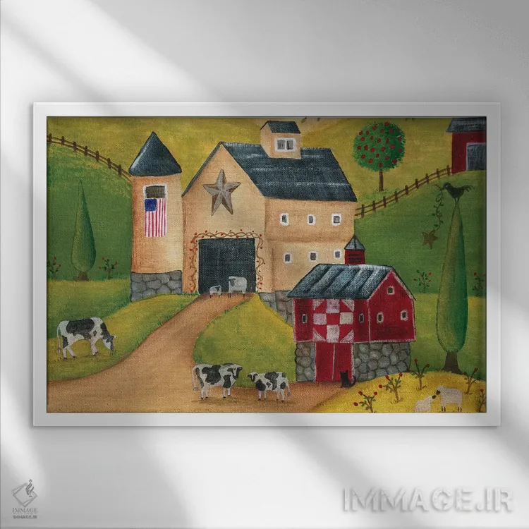 تابلو انبارهای روستایی آمریکایی اثر شریل بارتلی - نمای قابدار سفید