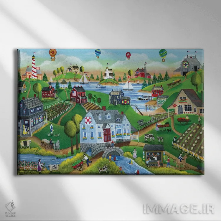 تابلو دهکده کنار دریا با بالونهای هوای داغ اثر شریل بارتلی - نمای روبهرو روی دیوار