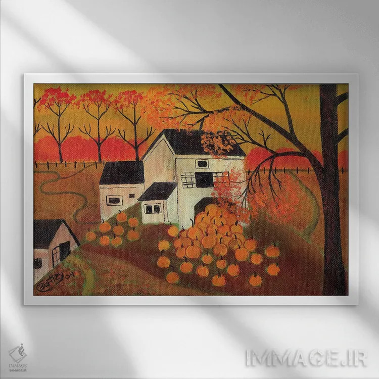 تابلو انبار کدو، هنر مردمی پاییزی (شریل بارتلی) اثر شریل بارتلی - نمای قابدار سفید