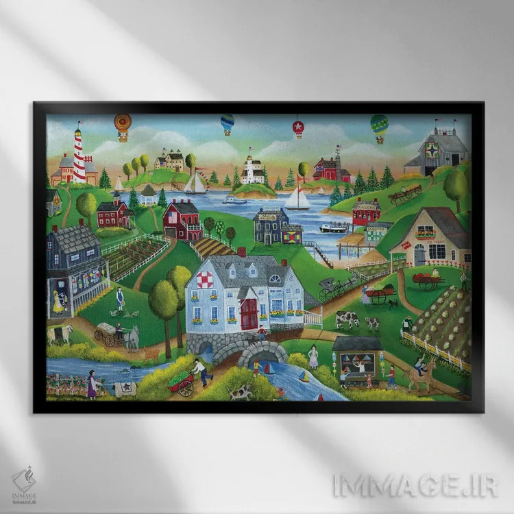 تابلو دهکده کنار دریا با بالونهای هوای داغ اثر شریل بارتلی - نمای قابدار مشکی