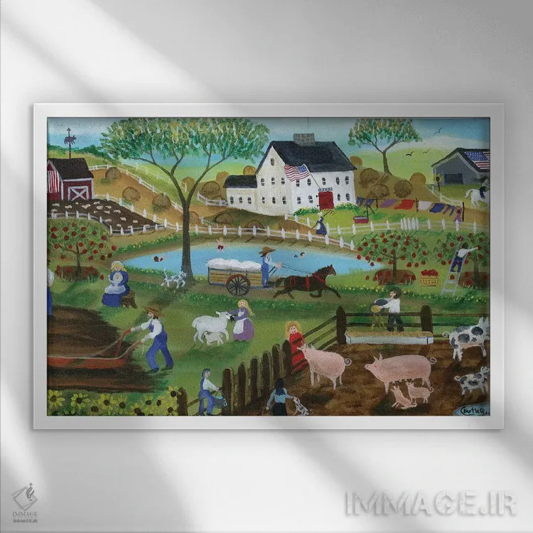 تابلو حیاط مزرعه روستایی آمریکا قدیم اثر شریل بارتلی - نمای قابدار سفید
