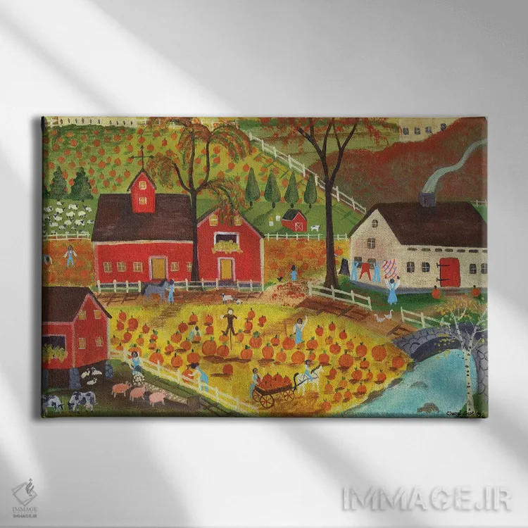 تابلو کشاورزان کدو در مزرعه روستایی اثر شریل بارتلی - نمای روبهرو روی دیوار