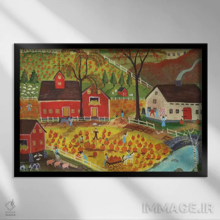 تابلو کشاورزان کدو در مزرعه روستایی اثر شریل بارتلی - نمای قابدار مشکی