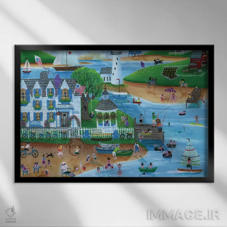 تابلو تفریح تابستانی هنرمردمی در مهمانسرای بندری اثر شریل بارتلی - نمای قابدار مشکی