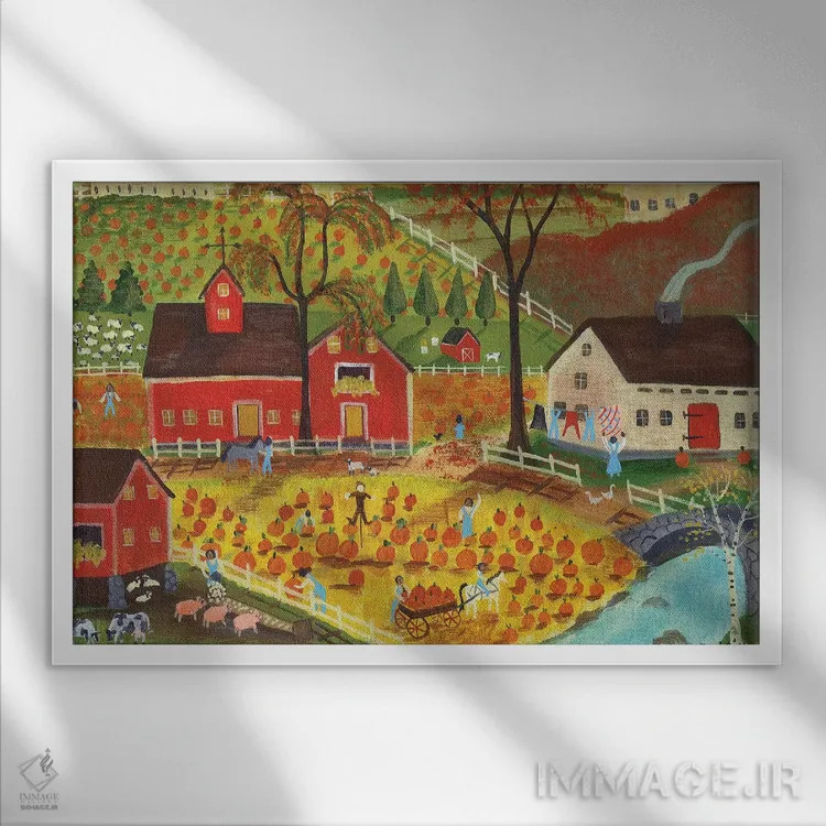 تابلو کشاورزان کدو در مزرعه روستایی اثر شریل بارتلی - نمای قابدار سفید