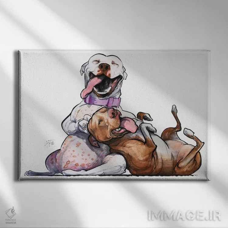 تابلو دوستان صمیمی پیتبول (سگ) اثر کاریکاتورهای سگ (استودیو تخصصی کاریکاتور حیوانات) - نمای روبهرو روی دیوار