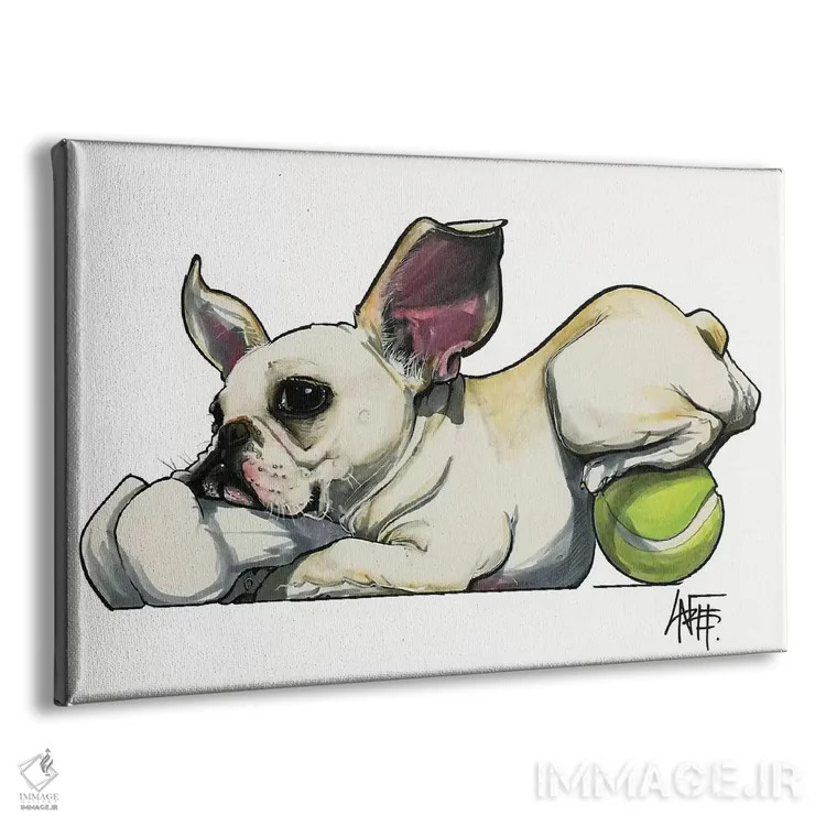 تابلو فرنچی جمعکننده اسباببازی (سگ بولداگ فرنچ) اثر کاریکاتورهای سگ (استودیو تخصصی کاریکاتور حیوانات) - نمای پرسپکتیو محصول